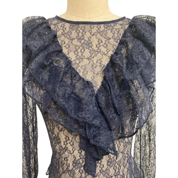 Zara Navy Lace Ruffle Long Sleeve Blouse S - Picture 4 of 10